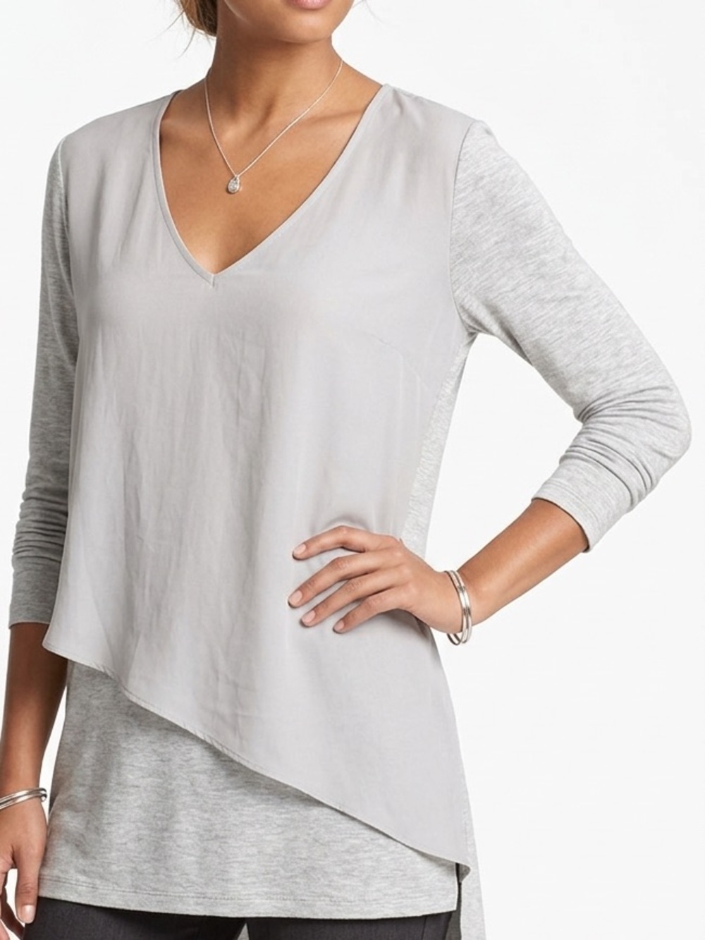 NEIMAN MARCUS Silver Grey Silk Blouse Asymmetrical Layered Tunic Long Sleeve Top